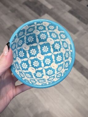 Blue Floral Cat Food Ceramic Bowl